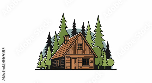A charming rustic wooden cabin with a chimney, nestled peacefully among diverse green pine trees and bushes