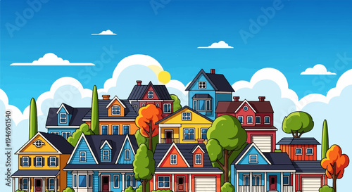 Vibrant pixel art neighborhood scene with colorful houses, green trees, and blue sky under a bright sun