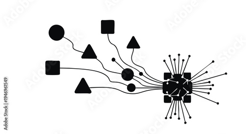 Black geometric shapes, network connections, abstract diagram, vector icons