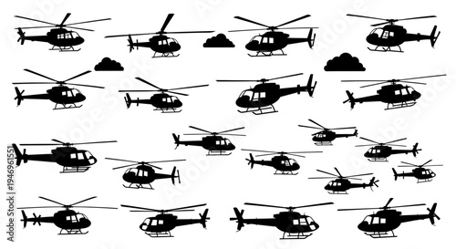 Helicopter Fleet Silhouette Pattern, Military Aircraft Formation, Air Transport, Vector Graphic