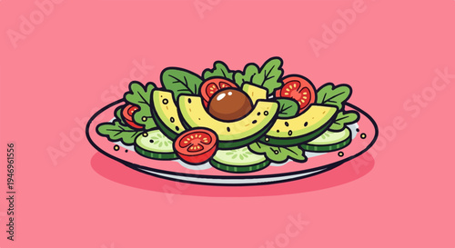 Cartoon illustration of a fresh green salad with avocado, tomato slices, and cucumber on a pink background