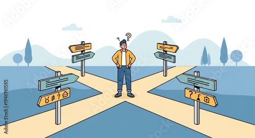 Man standing at crossroads decision.