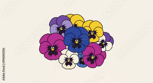 A vibrant cluster of stylized pansy flowers in purple, blue, yellow, and white on a light background