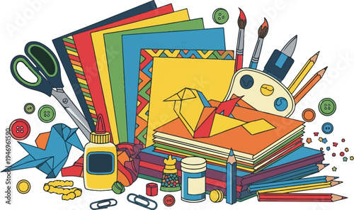 A vibrant collection of art and craft supplies including paper, scissors, glue, paints, pencils, and origami