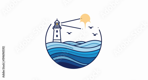 A minimalist cartoon illustration of a lighthouse on waves with sun and birds, framed in a circle