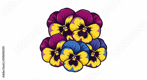 A vibrant cluster of cartoon-style pansy flowers with purple, blue, and yellow petals on a white background
