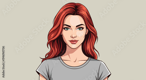 Illustration of a woman with long wavy red hair and green eyes, wearing a simple gray t-shirt