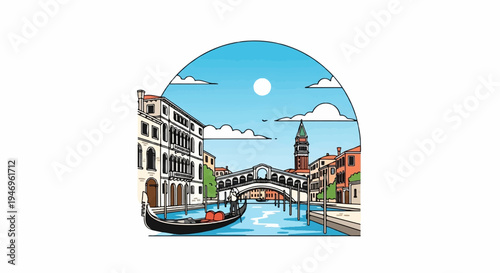 An illustration of a European canal city with a prominent arched bridge, gondola, and historic buildings