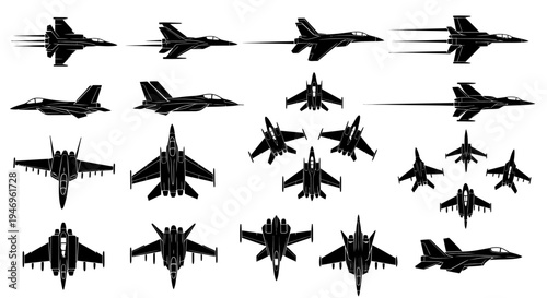 Jet Fighter Silhouettes: Collection of Military Aircraft Views
