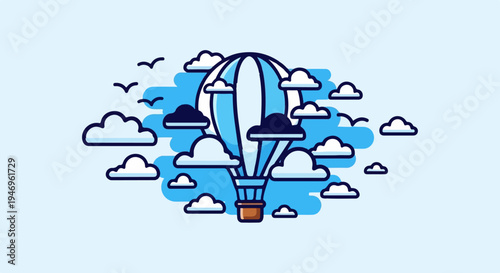 A delightful illustration of a blue and white hot air balloon ascending amidst fluffy clouds and soaring birds