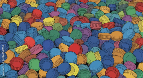 A vibrant, cluttered pile of assorted colorful plastic bottle caps, illustrating a theme of recycling