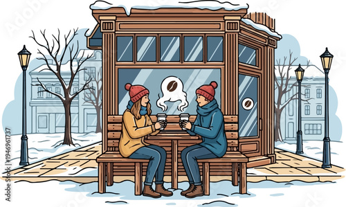 Two friends enjoy hot coffee on a snowy street cafe bench, surrounded by winter city scenery