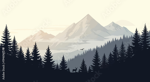Stylized pixel art landscape of a foggy mountain range with pine forests, a deer, and a flying bird