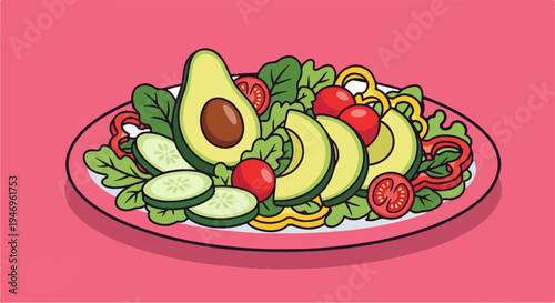 Vibrant cartoon illustration of a fresh salad with avocado, tomatoes, cucumber, and lettuce on a pink plate