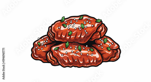 A vibrant illustration depicts a pile of delicious, glazed chicken wings, topped with sesame seeds and fresh green herbs