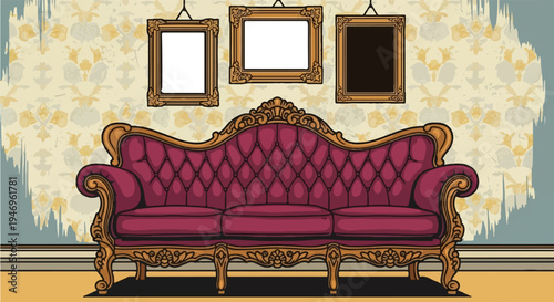 A luxurious tufted burgundy velvet sofa with ornate gold trim against a vintage floral wallpaper