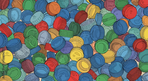 A vibrant, colorful, hand-drawn pattern of numerous plastic bottle caps scattered across a surface