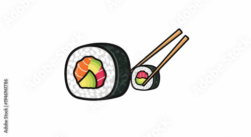 A vibrant illustration of two sushi rolls, one held by chopsticks, filled with avocado, tuna, and salmon