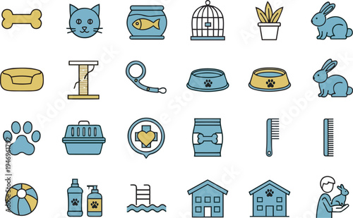 Pet care and accessories icons on white background