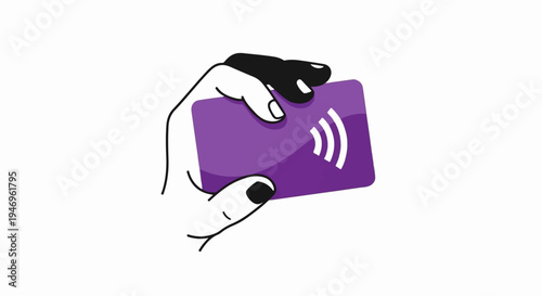 A stylized illustration of a hand holding a purple contactless payment card. White background
