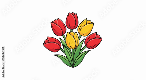 A vibrant illustration featuring a charming bouquet of red and yellow tulips with fresh green leaves