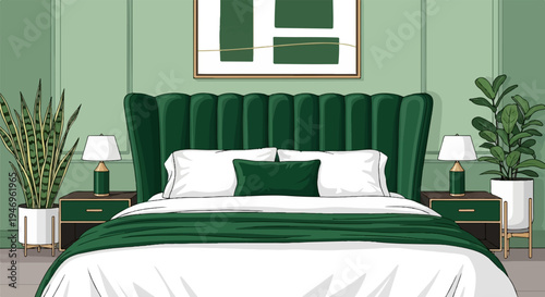 A cozy bedroom with a green tufted headboard, white bedding, houseplants, and a framed abstract art