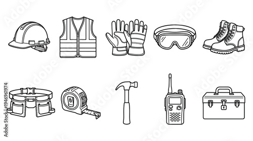 A black and white line drawing displays various construction safety equipment and tools, including a hard hat, vest, gloves, and hammer, arranged neatly.