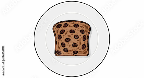 A single slice of brown raisin toast is centered on a simple white plate with a black outline