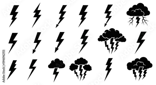 Lightning Bolt Icons and Storm Clouds Vector Set