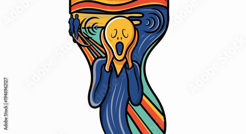 Stylized illustration of a screaming figure with hands to its head, against a vibrant, swirling background