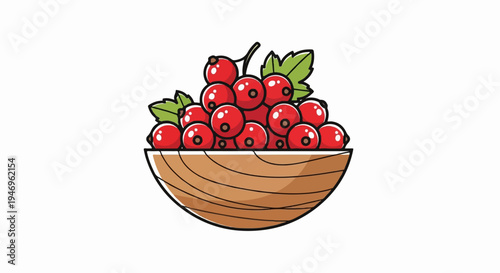 An illustration of bright red berries with green leaves, piled high in a rustic brown wooden bowl