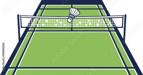 Overhead perspective of a green badminton court with a dark blue net and shuttlecock, outlined
