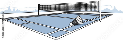 An outdoor badminton court illustration featuring a net and a shuttlecock on the ground, with mountains in background