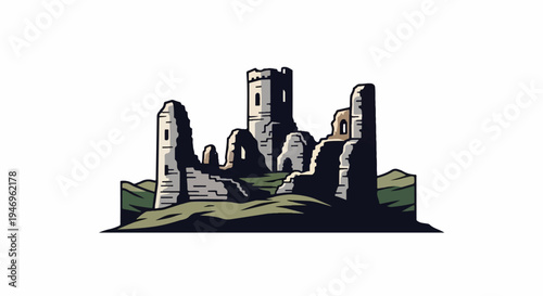 A stylized illustration of ancient castle ruins on a grassy landscape with towering stone walls and arches