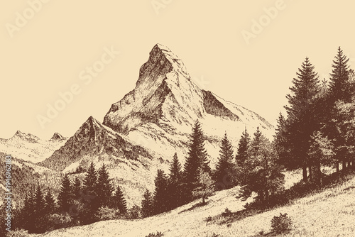 Alps landscape illustration in a vintage style. This vector illustration can be used in any size you like for advertising, logos, and other work.
