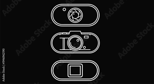 Webcam privacy switch icons set, laptop camera cover symbols line vector, cybersecurity protection illustration, device camera safety concept