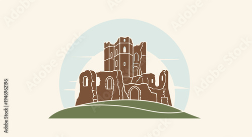 A stylized illustration of ancient castle ruins on a grassy hill under a light blue sky with simple outlines