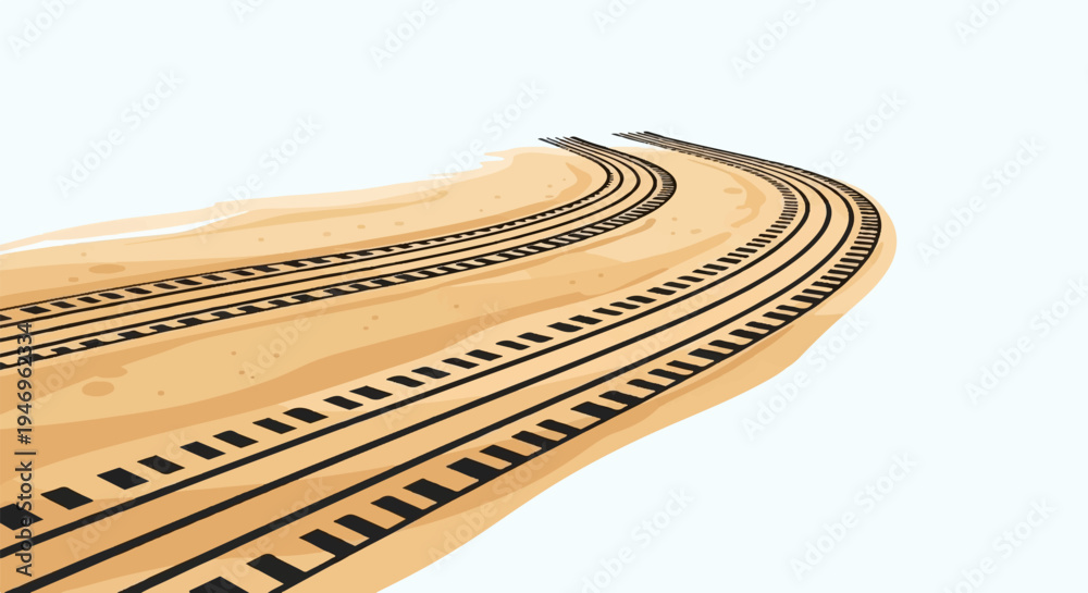 Fototapeta premium Abstract illustration of curving train tracks across a sandy, textured terrain under a light sky
