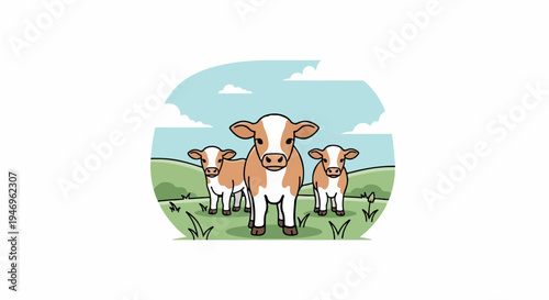 Cartoon illustration of three cute brown and white calves standing in a green field under a blue sky