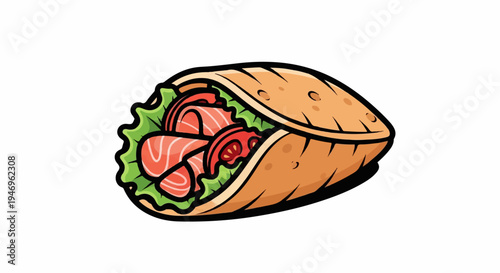 Vibrant cartoon drawing of a savory wrap filled with sliced meat, fresh lettuce, and ripe tomatoes