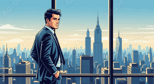 Man in suit looking out a large window at a vast pixel art cityscape with towering skyscrapers