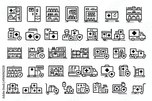 Collection of icons representing various medical and pharmacy supplies and equipment