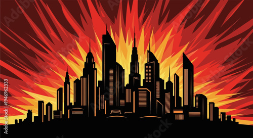 A dramatic vector illustration of a dark city skyline silhouette against an explosive red and orange background