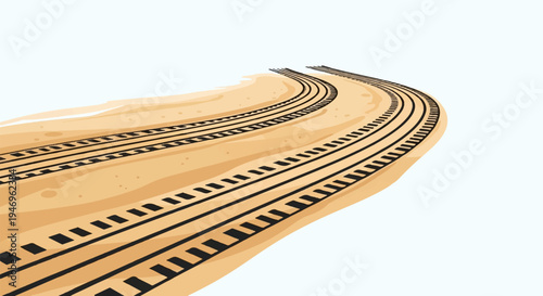 Abstract illustration of curving train tracks across a sandy, textured terrain under a light sky