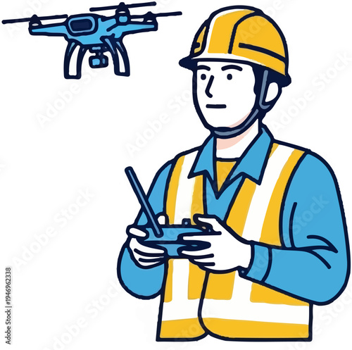 A person in a hard hat and safety vest operates a drone using a remote control
