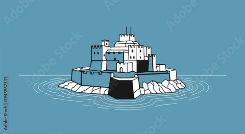 Stylized illustration of a multi-towered medieval castle on a rocky island, surrounded by rippling water