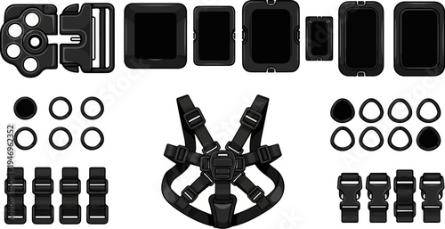 A detailed collection of black buckles, clips, rings, adjusters, and a safety harness component