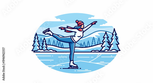 Person ice skating gracefully on a frozen pond surrounded by snow-covered winter trees