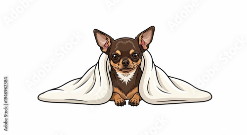 An adorable cartoon chihuahua dog with big ears, peeking from under a cozy, light-colored blanket