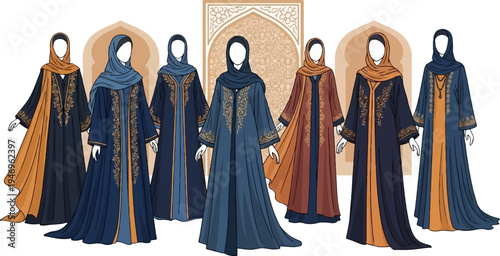 Multiple figures in flowing, embroidered robes and head coverings, against an ornate archway